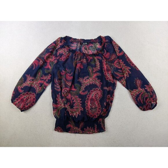 DAISY FUENTES - WOMEN'S SHEER BLUE & RED PRINT 3/4 SLEEVE PEASANT TOP - XS - Picture 2 of 5